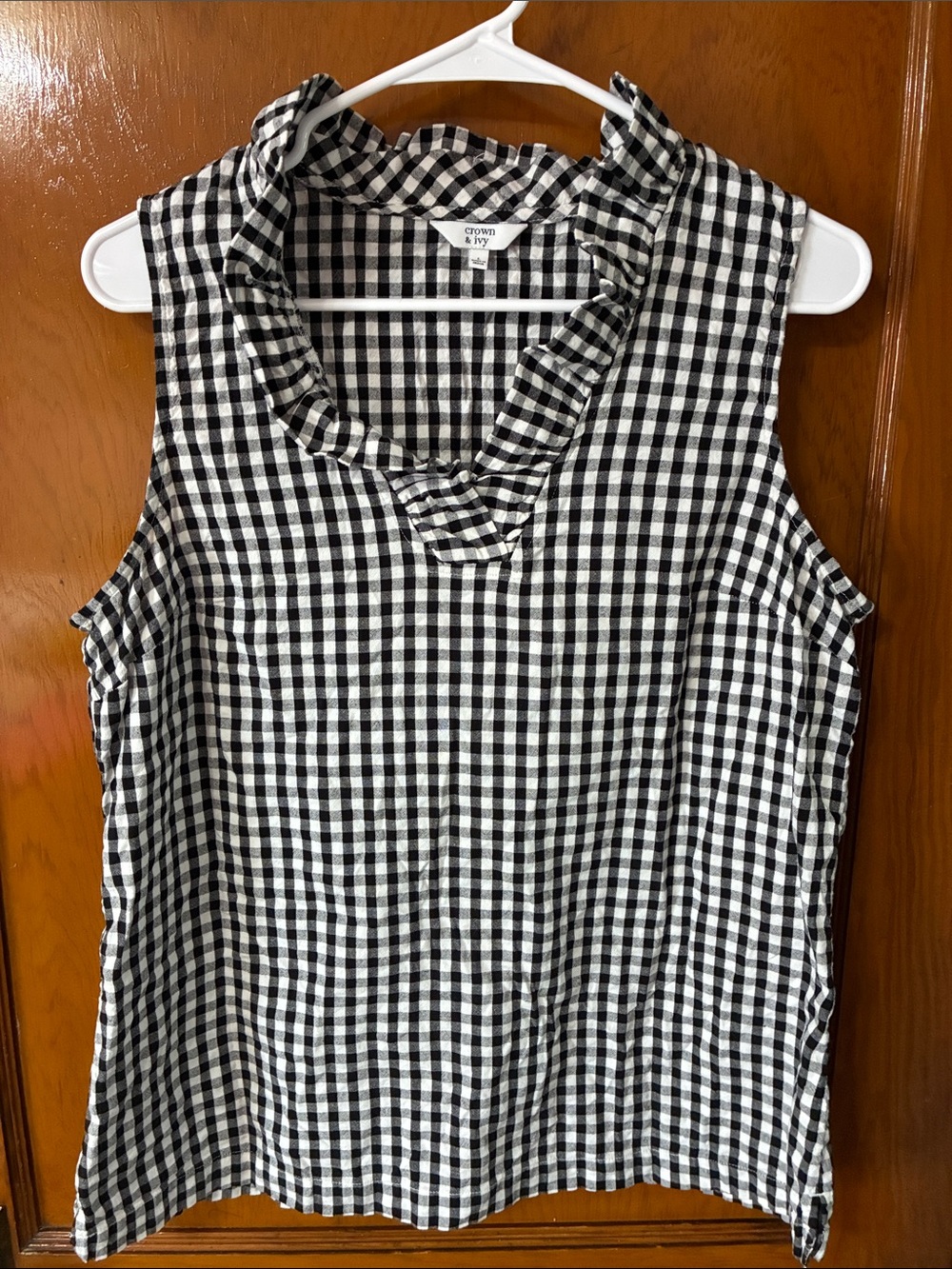 #36 - Crown & Ivy Black & White Gingham Ruffle Neck Sleeveless Top